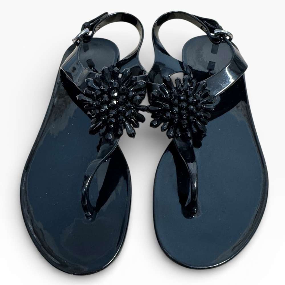 Coach Hilda Black Jelly Sandals Floral Beaded Accent Womens US 8 Summer Flats - Picture 2 of 9